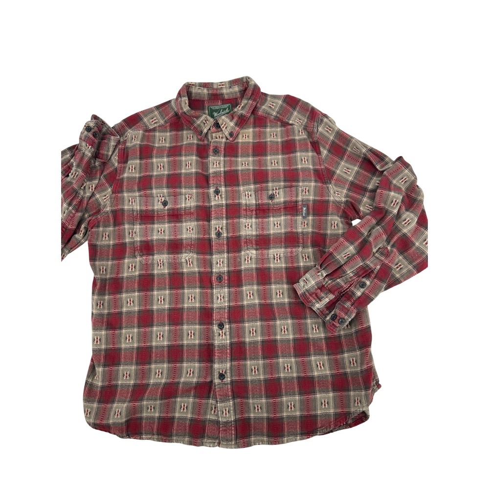 Woolrich Flannel Shirt Mens XL Red Grey Plaid Southwestern Embroidered Outdoor